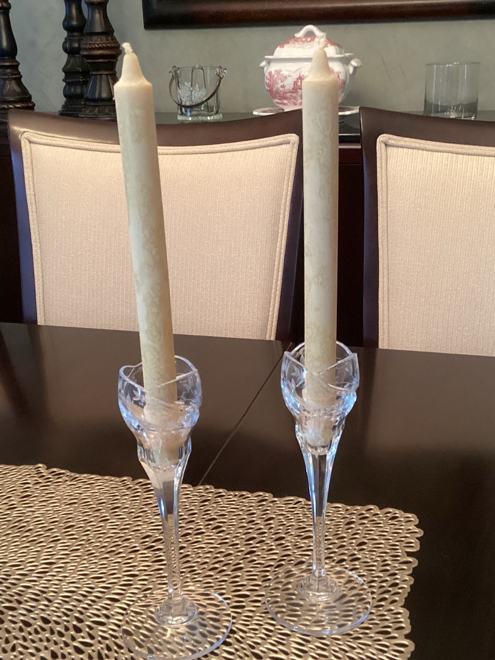 Vintage Mikasa Crystal Candle Holders with Beeswax Taper Candles